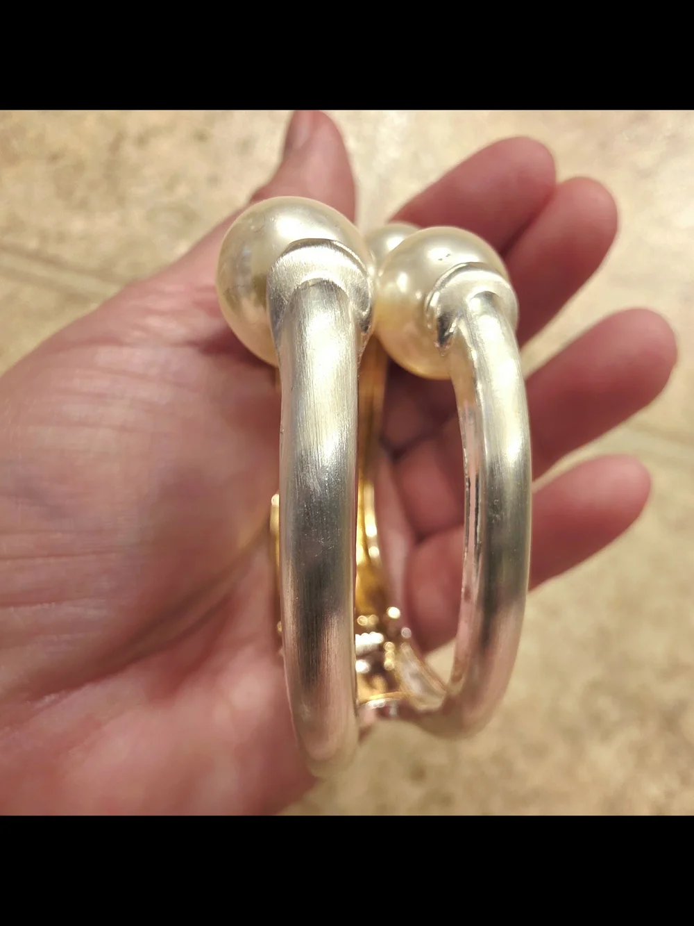 Elegant Pearl-Top Open Cuff Bracelet 2 Tone
